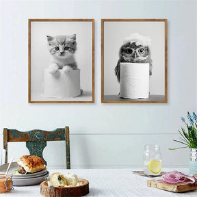 Black and White Cute Animal and Toilet Paper Poster Lion Owl Cat Dog Canvas Painting Wall Art Bathroom Living Room Home Decor