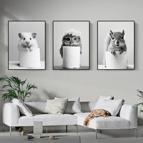 Black and White Cute Animal and Toilet Paper Poster Lion Owl Cat Dog Canvas Painting Wall Art Bathroom Living Room Home Decor