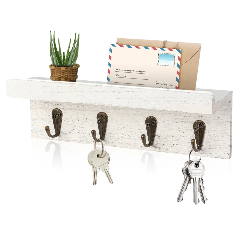 Farmhouse Wooden Key & Mail Holder with 4 Hooks