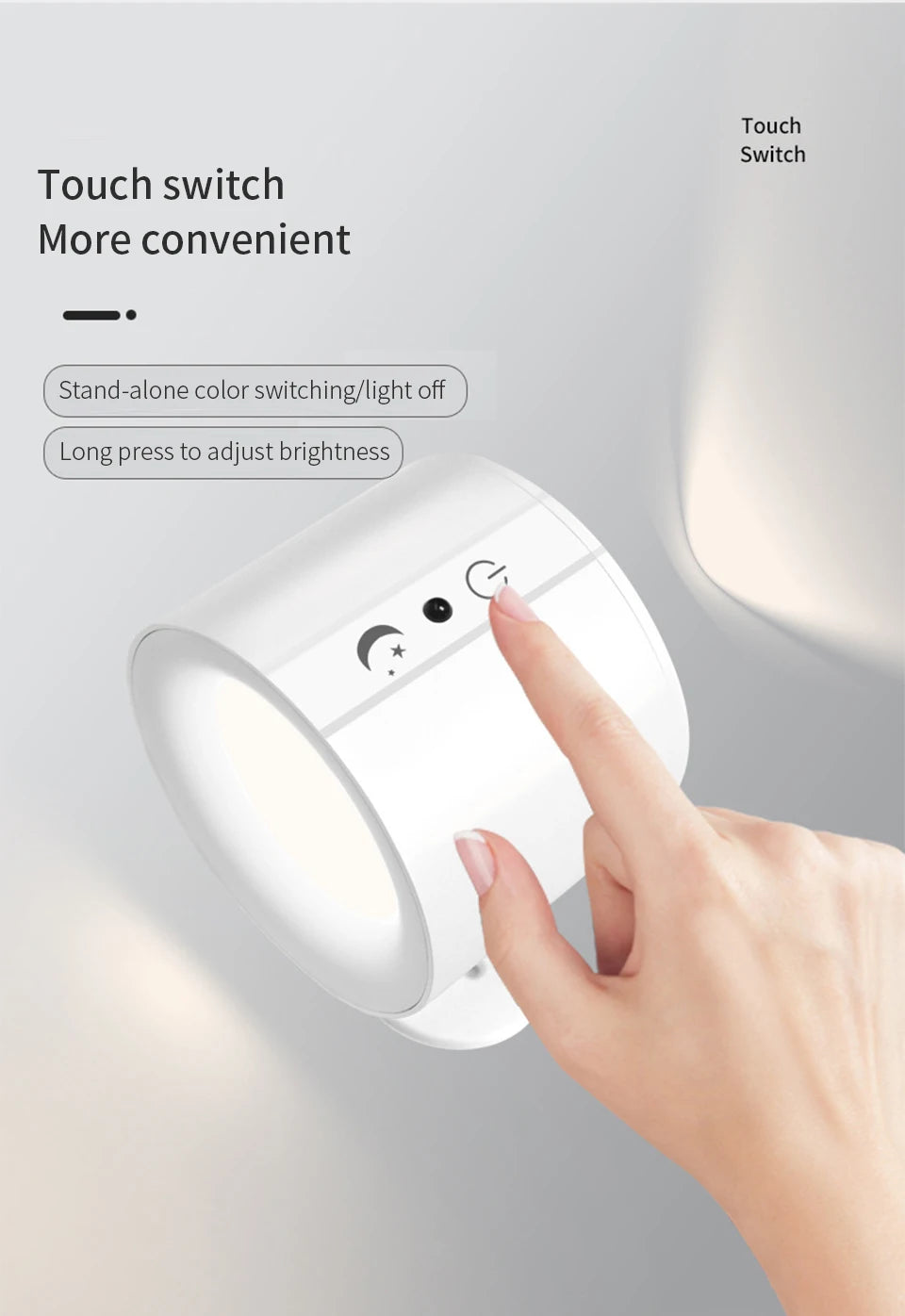 LED Touch Control Wall Sconce, 360° Rotatable, 3-Color, Wireless Night Light for Bedroom