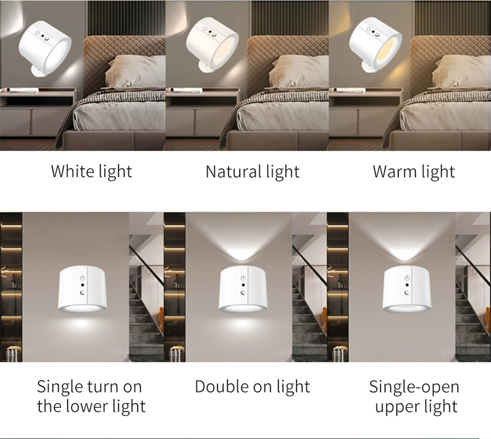 LED Touch Control Wall Sconce, 360° Rotatable, 3-Color, Wireless Night Light for Bedroom