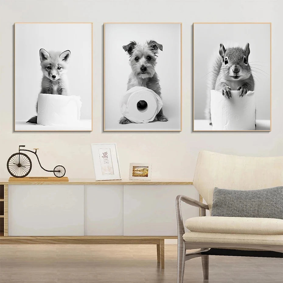 Black and White Cute Animal and Toilet Paper Poster Lion Owl Cat Dog Canvas Painting Wall Art Bathroom Living Room Home Decor