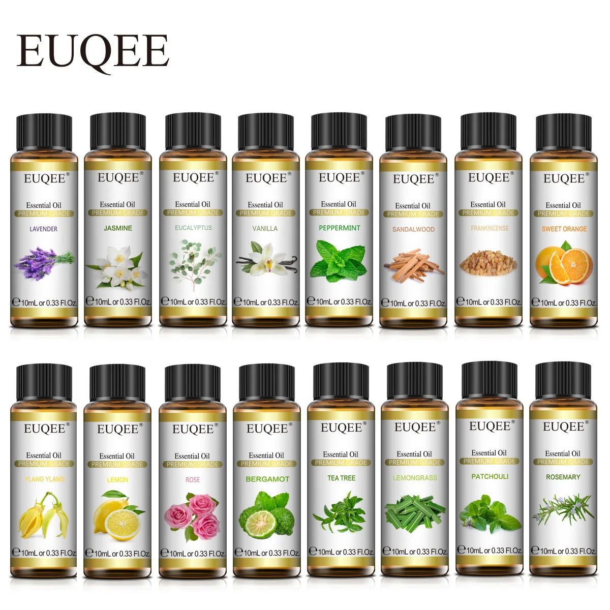 EUQEE 10ml Natural Essential Oil with Dropper - Lavender, Jasmine, Eucalyptus, Vanilla