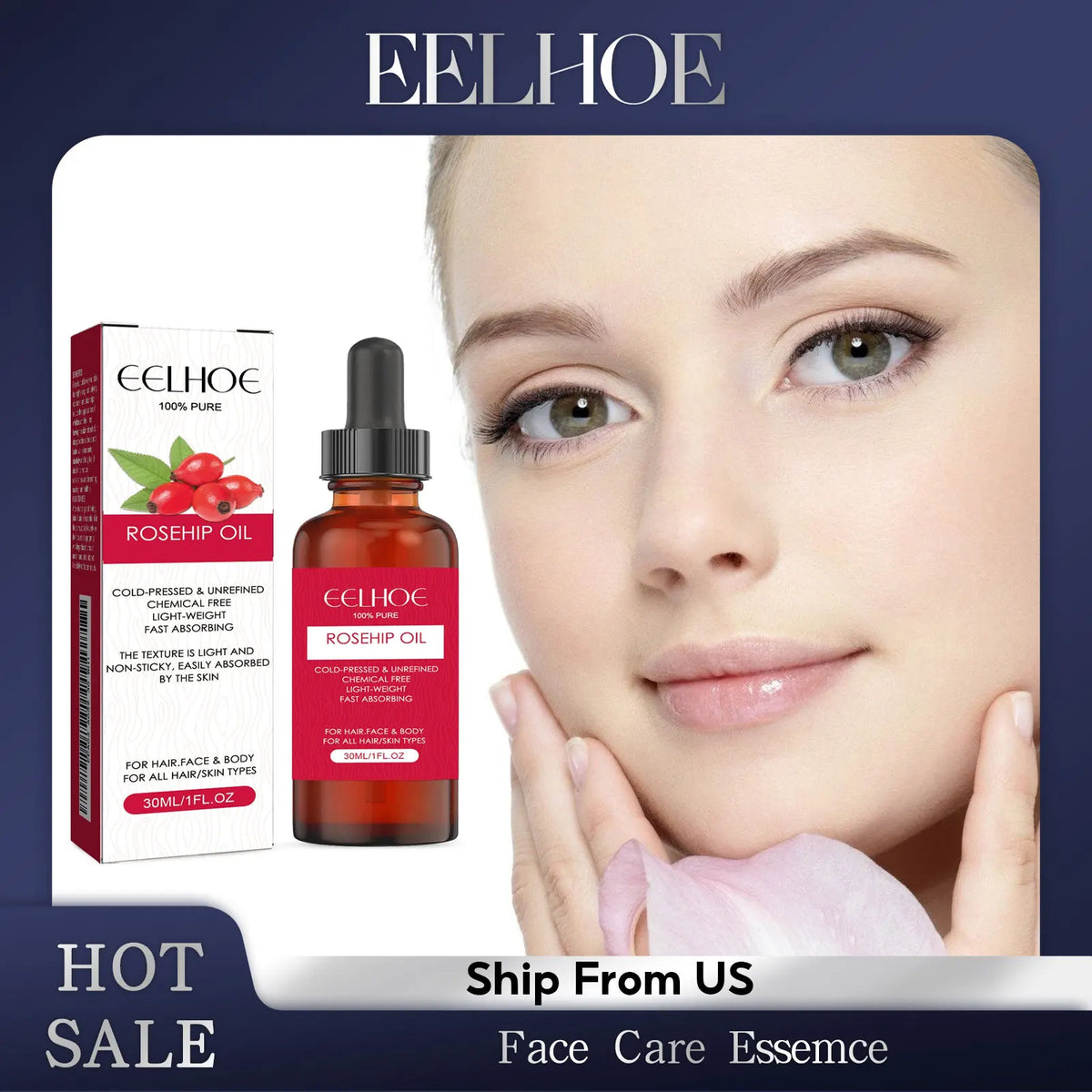 EELHOE Natural Organic Rose Hip Oil Smoothing Face Nourish Body Oil Relaxing Moisturizing Hydrating Massage Oil Skincare Product